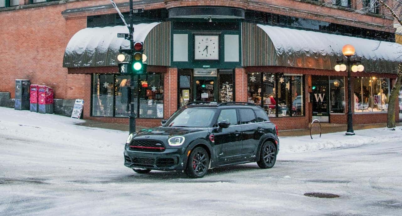 MINI Driving Around Town in the Snow