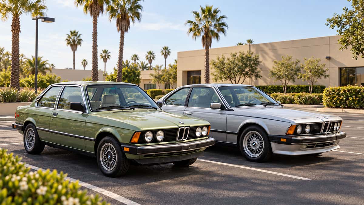 Green classic BMW 3 Series and silver classic BMW 6 Series parked side by side in a parking lot