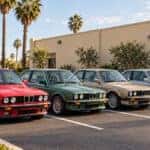 Four classic BMWs in red, green, tan and silver parked in a row in a lot next to a beige building with palm trees