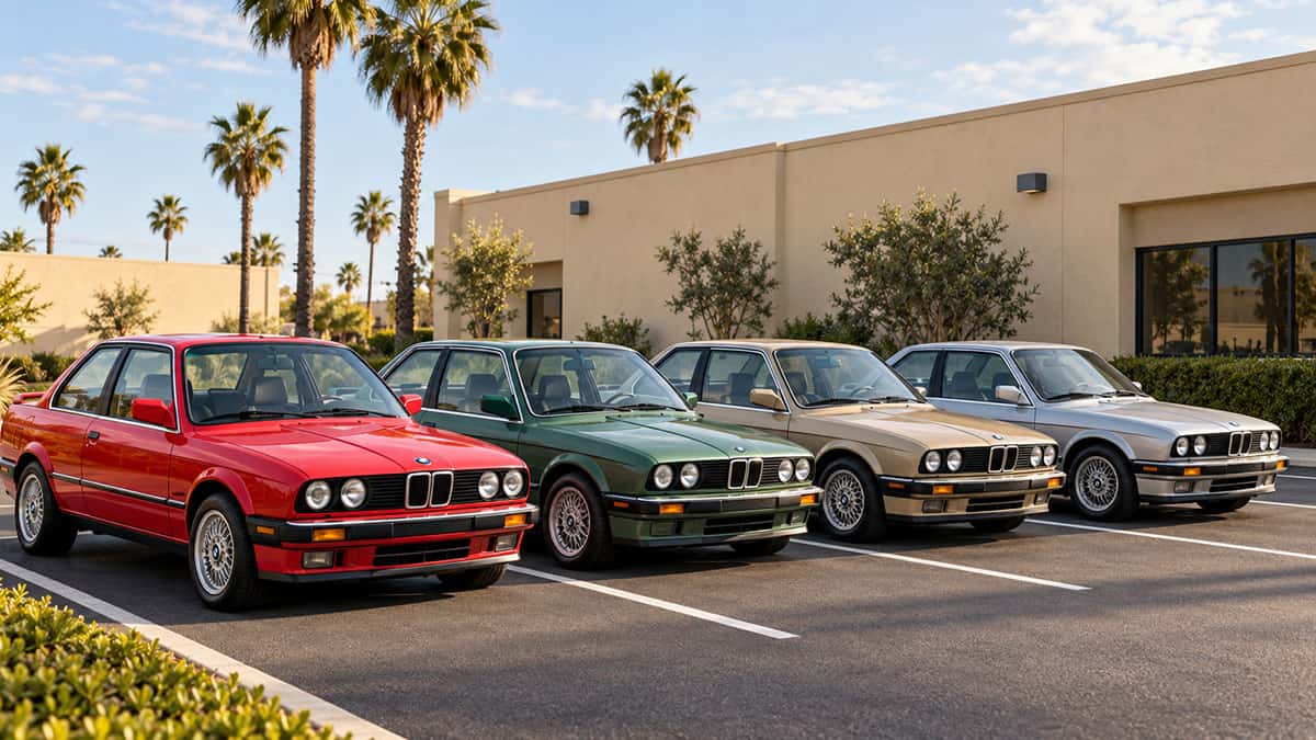 Four classic BMWs in red, green, tan and silver parked in a row in a lot next to a beige building with palm trees