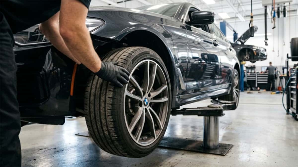 Technician in gloves handling the front tire of a dark BMW sedan on a lift in a service center