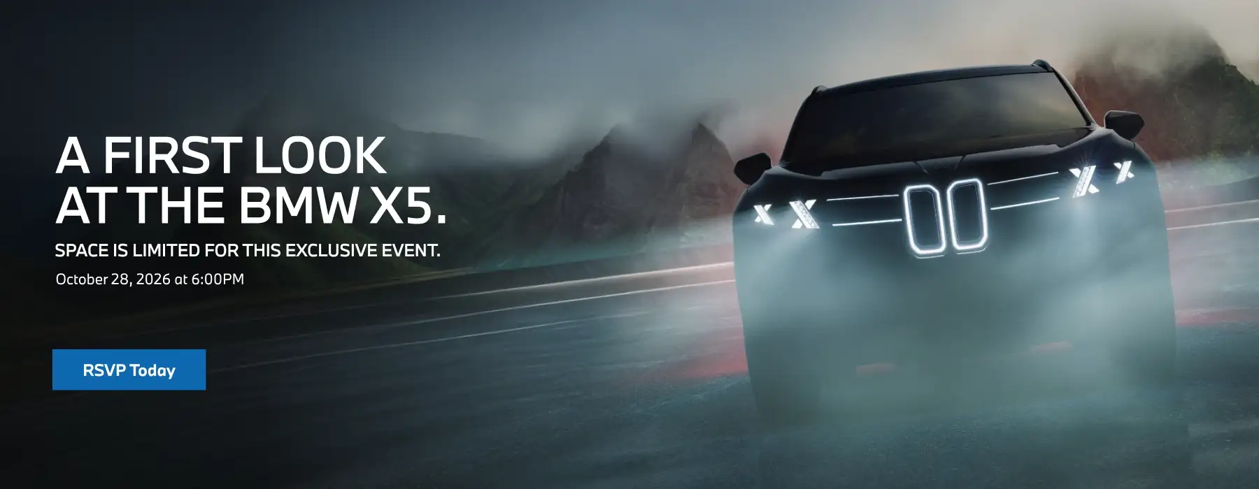 BMW X5 driving through a misty mountain landscape with text promoting an exclusive first-look event on October 28, 2026.