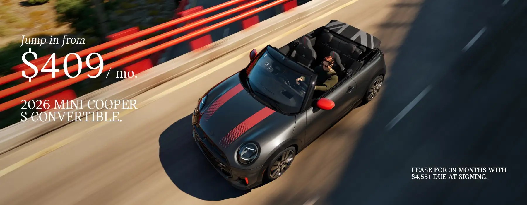 2026 MINI Cooper S Convertible driving on a road with promotional text advertising a $409 monthly lease.