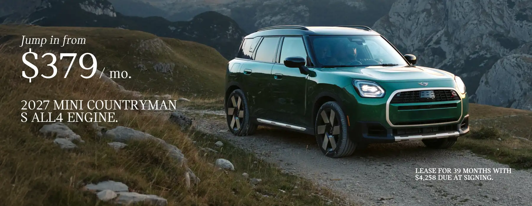 2027 MINI Countryman S ALL4 parked on a mountain road with promotional text advertising a $379 monthly lease.