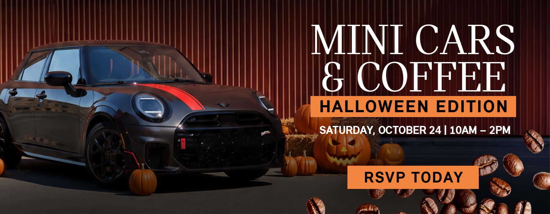 Promotional banner for MINI Cars & Coffee Halloween Edition, featuring a gray MINI Cooper surrounded by pumpkins, jack-o'-lanterns, and coffee beans. Event takes place Saturday, October 24, from 10 AM to 2 PM, with an RSVP Today button.
