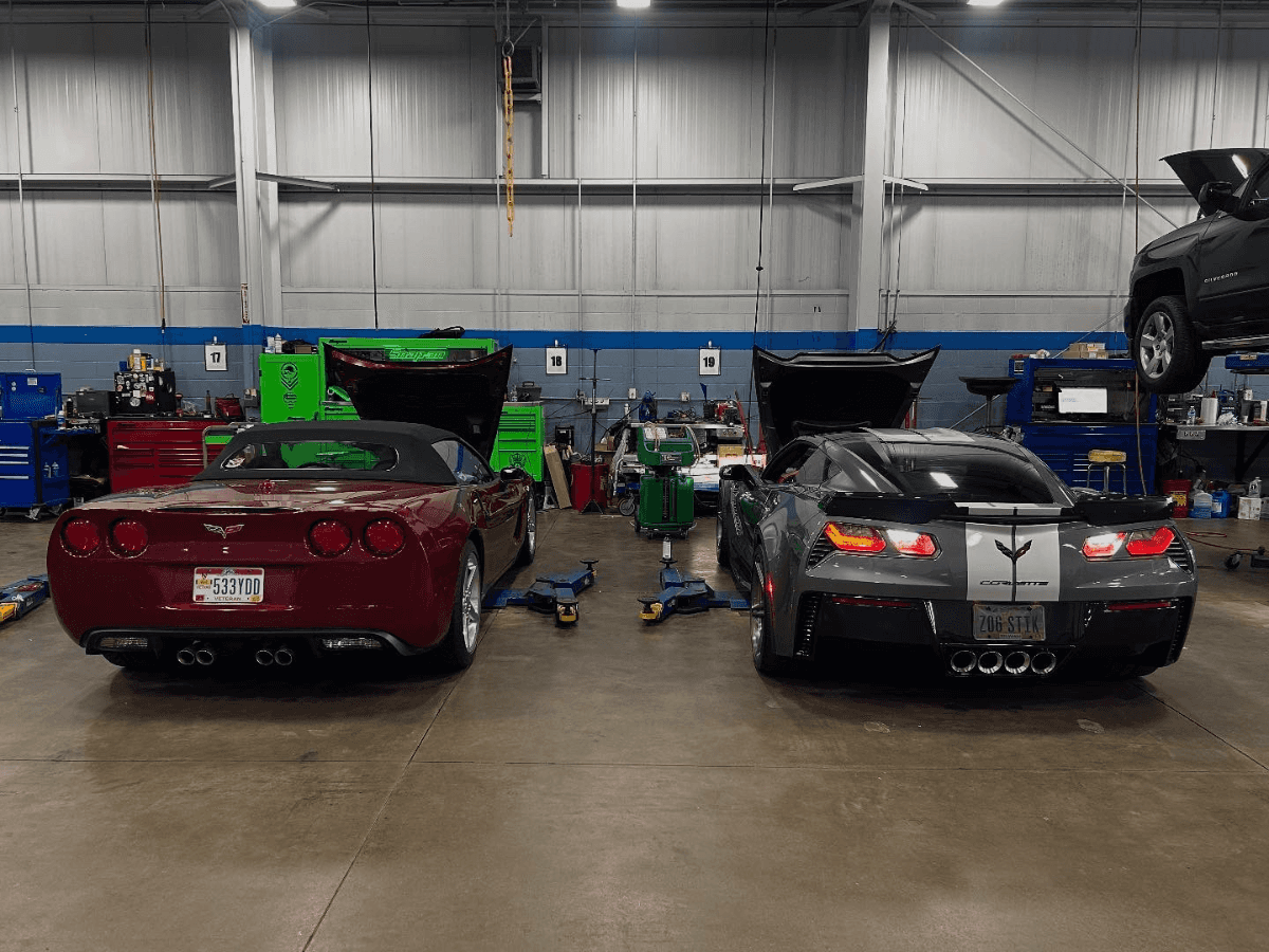 Corvettes in Chesrown performance service bay Delaware Ohio