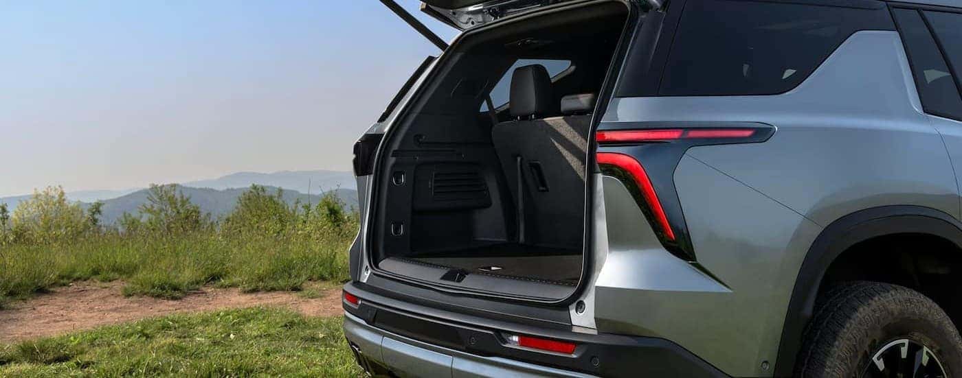 Rear cargo area in a silver 2026 Chevy Traverse.