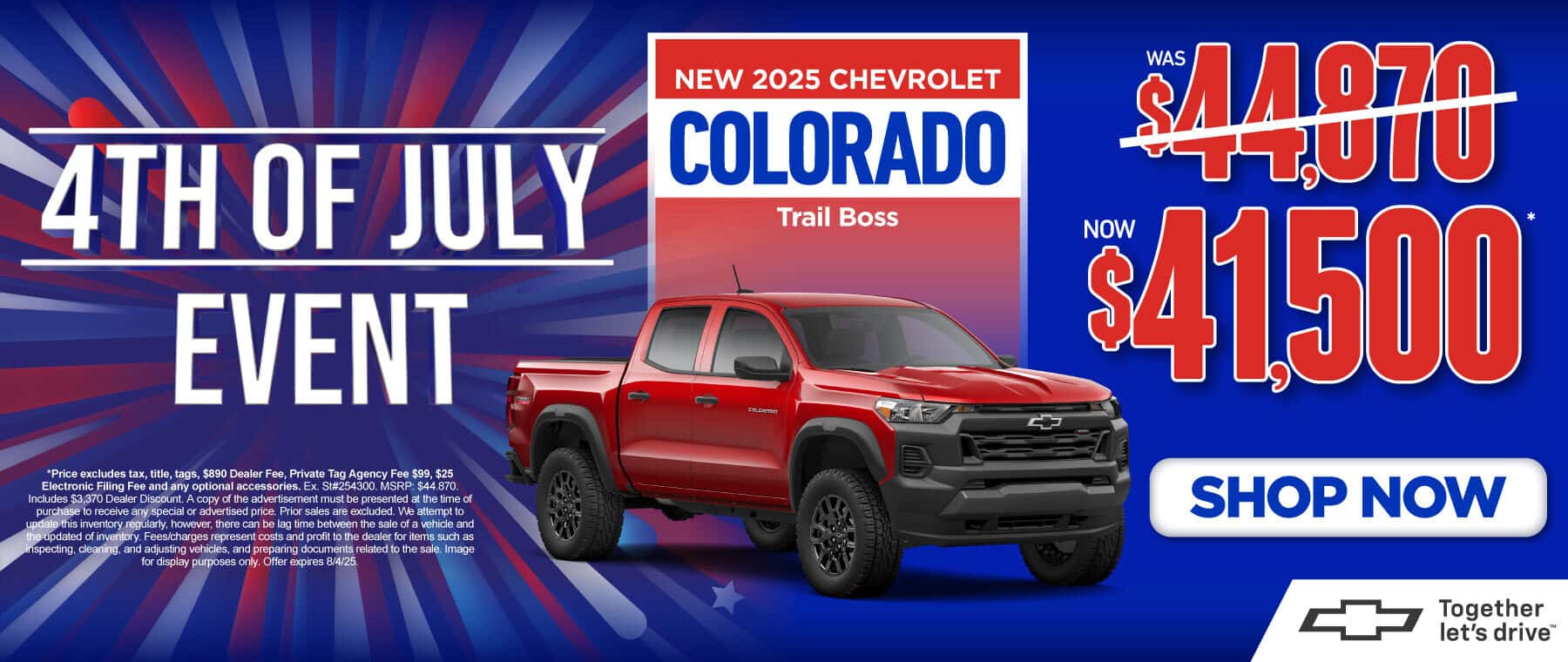 "New 2025 Chevrolet Colorado Trail Boss " "Was $44,870 Now $41,500*"