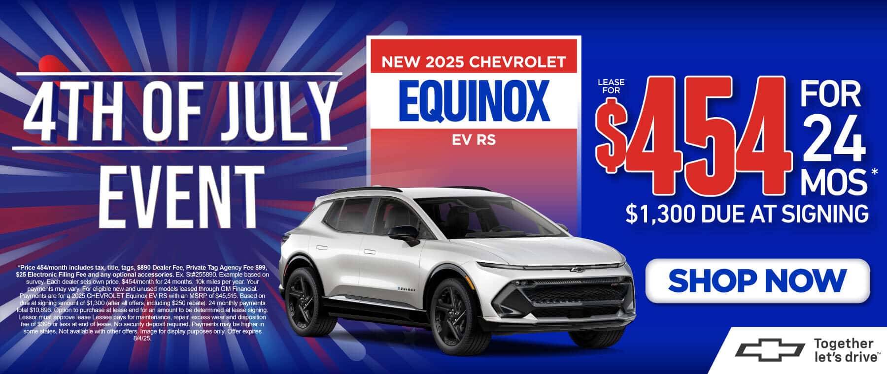 "2025 Chevrolet Equinox EV RS " "Lease for 454 per month for 24 months* $1,300 due at signing"