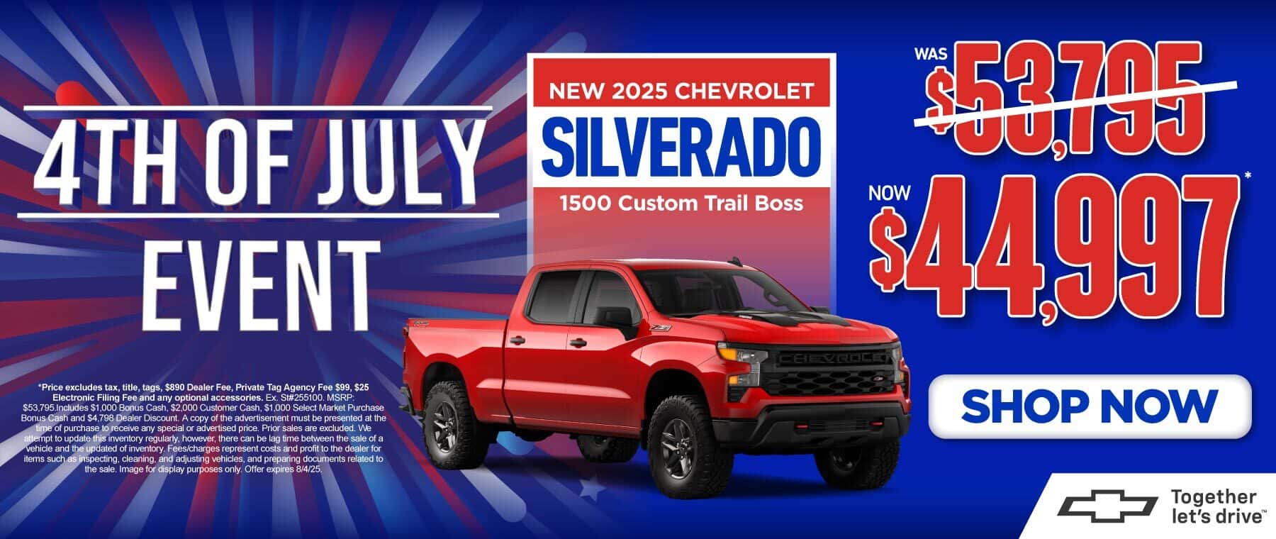 "New 2025 Chevrolet Silverado 1500 Custom Trail Boss " "Was $53,795 Now $44,997* "
