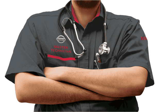 Nissan Service Center employee stands with arms crossed.
