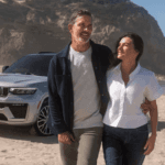 A couple on a beach near a parked 2026 Jeep Grand Cherokee SUV