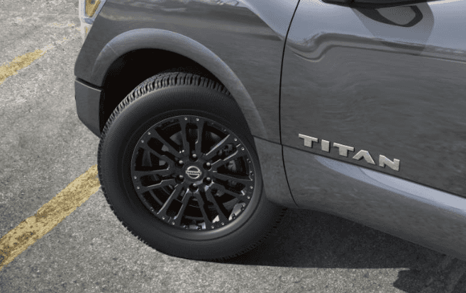 The front driver's side wheel of a Nissan Titan