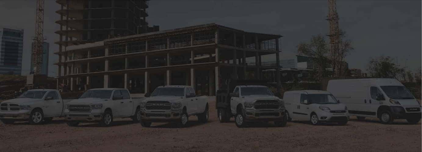 CDJR commercial vehicles lined up outside