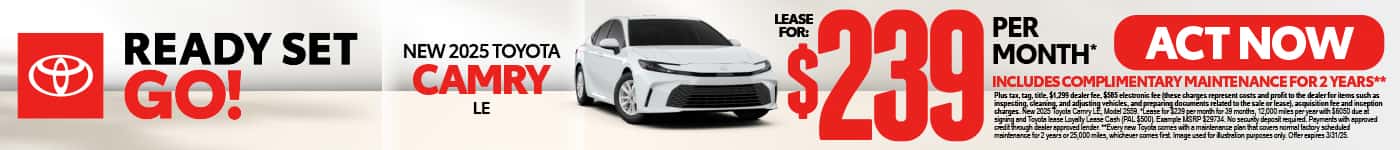 2025 Toyota Camry LE Lease for $239 per month* Includes Complimentary Maintenance for 2 years**