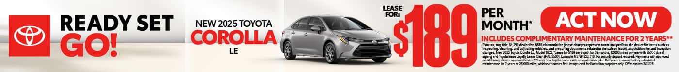 2025 Toyota Corolla LE Lease for $189 per month* Includes Complimentary Maintenance for 2 years**