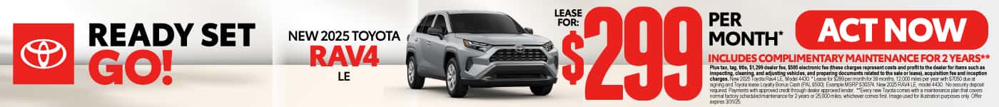 2025 Toyota RAV4 LE Lease for $299 per month* Includes Complimentary Maintenance for 2 years**