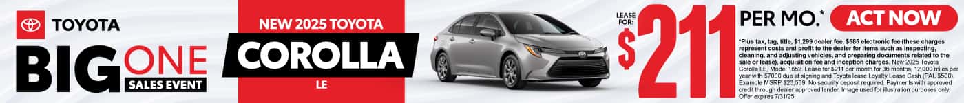 New 2025 Toyota Corolla LE Lease for $211 Per Month*