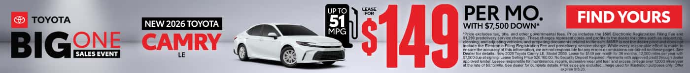 2026 Toyota Camry LE Lease for $149 Per month with $7,500 down*