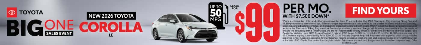 2026 Toyota Corolla LE Lease for $99 Per month with $7,500 down*
