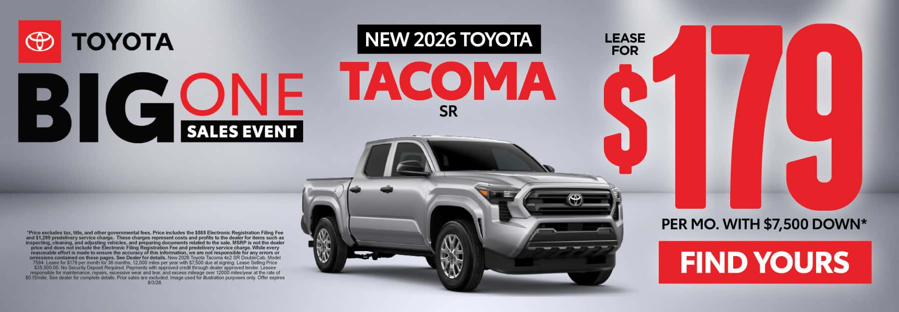 2026 Toyota Tacoma SR Lease for $179 Per month with $7,500 down*