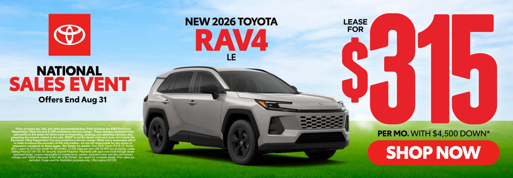 2026 Toyota Rav4 LE Lease for $315 Per month with $4,500 down*