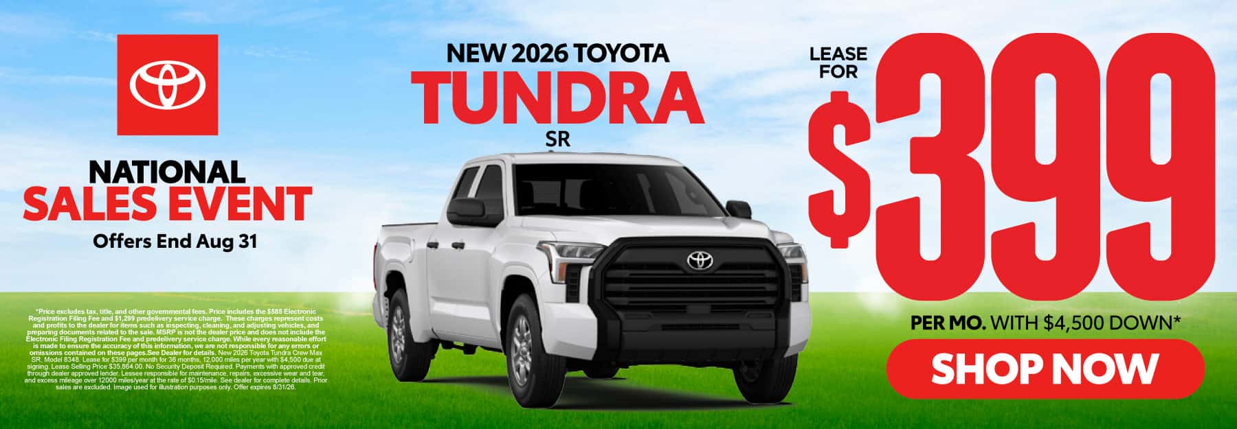 2026 Toyota Tundra SR Lease for $399 Per month with $4,500 down*