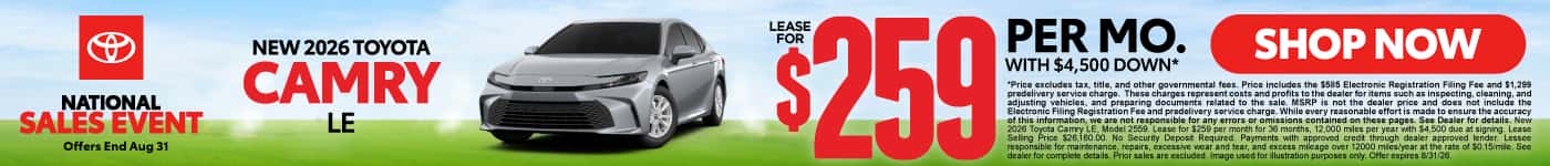 2026 Toyota Camry LE Lease for $259 Per month with $4,500 down*