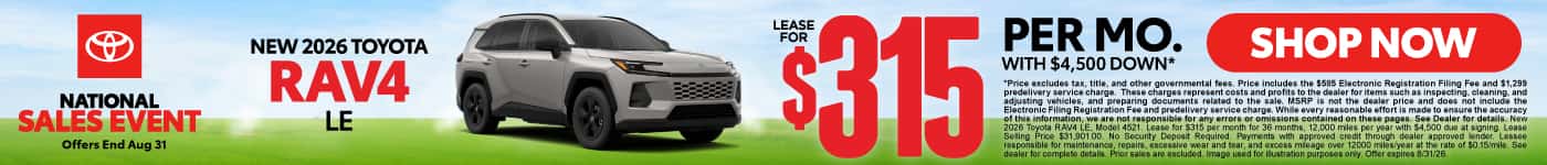 2026 Toyota Rav4 LE Lease for $315 Per month with $4,500 down*