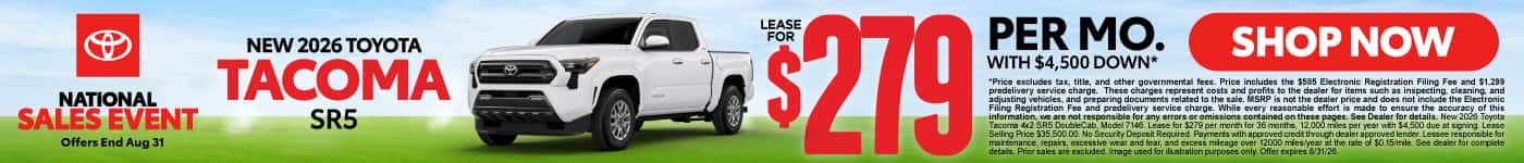 2026 Toyota Tacoma SR5 Lease for $279 Per month with $4,500 down*