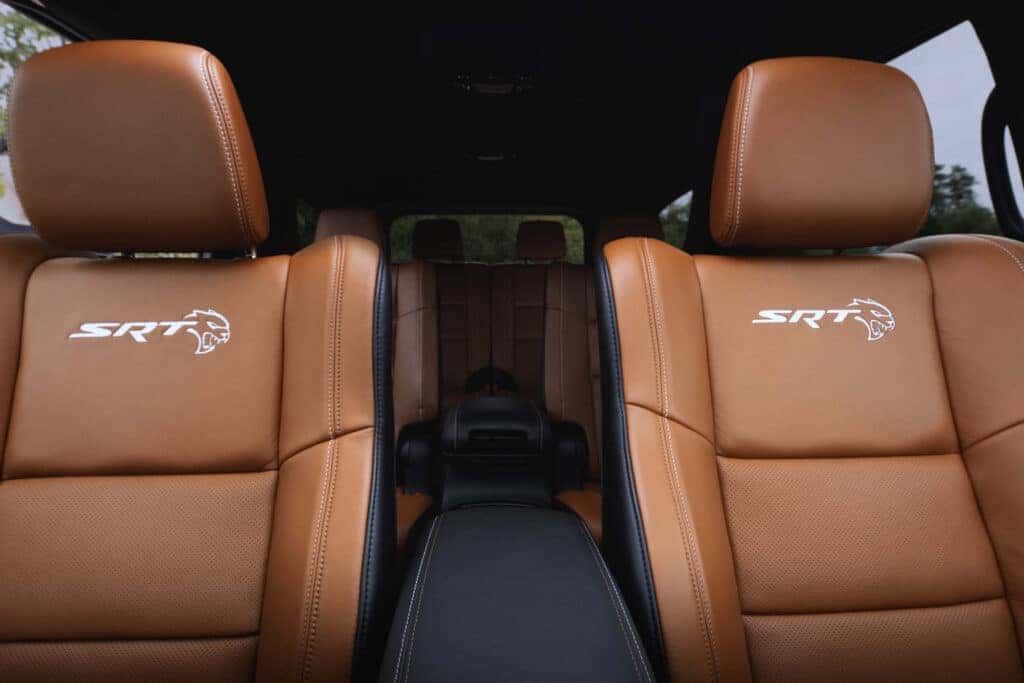 Tan leather seating in the interior of the 2025 Dodge Durango SRT edition.