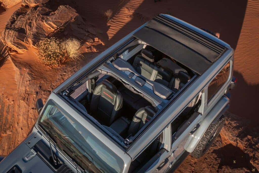 A top down view of the 2025 Jeep Wrangler with the roof removed for an open air driving experience.