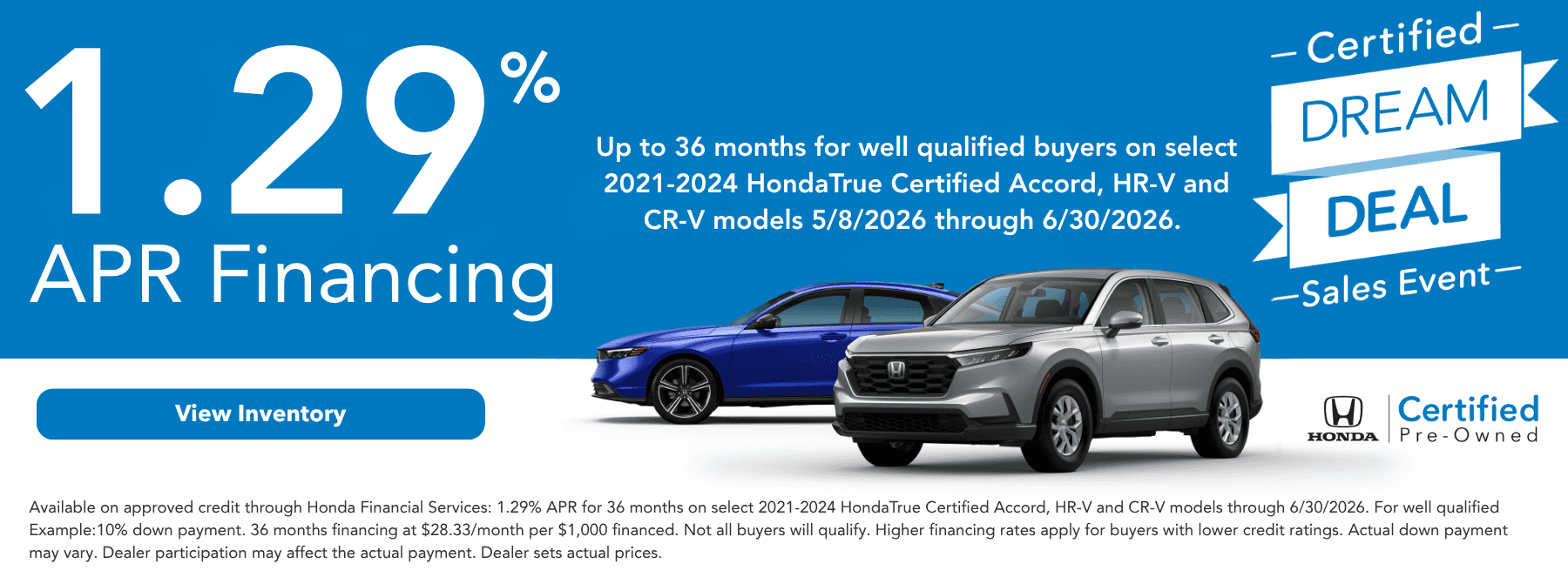 1.29% apr honda true certified offer downey