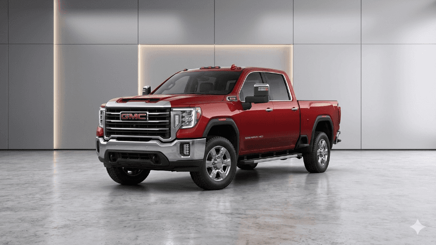 Red 2020 GMC Sierra 2500HD heavy-duty pickup truck in a professional studio setting.