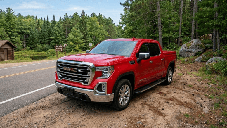 A vibrant red GMC Sierra pickup truck, in pristine condition, is parked on the textured gravel shoulder of a highway, parallel to a forested edge.