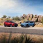 Two Toyotas positioned facing each other in front of rocky background.