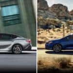 Side by side images of silver Camry and blue Corolla.