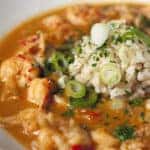 Hearty crawfish étouffée topped with a scoop of brown rice and sliced scallions