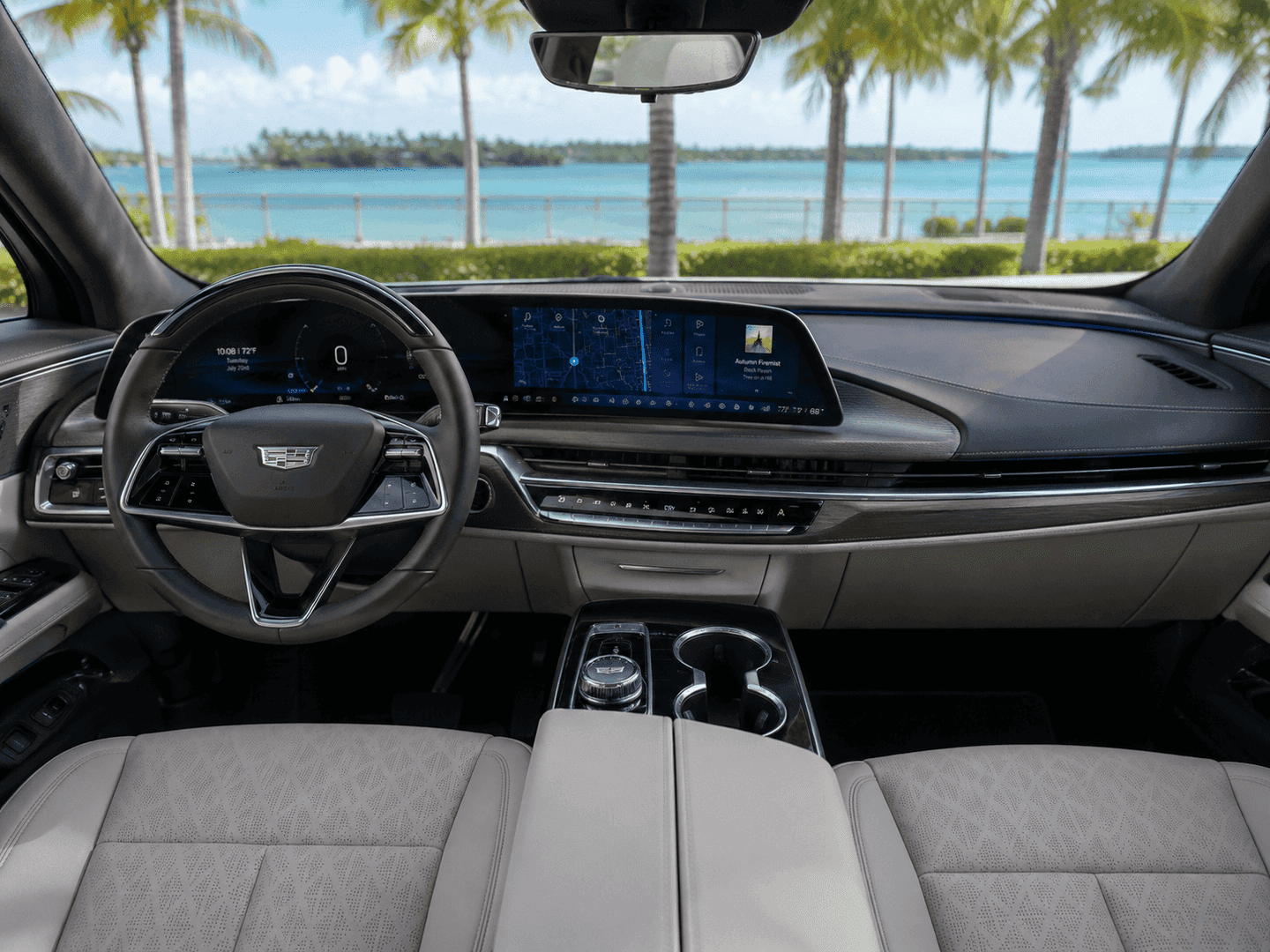 Cadillac LYRIQ interior featuring the 33-inch diagonal advanced LED display and modern luxury cabin
