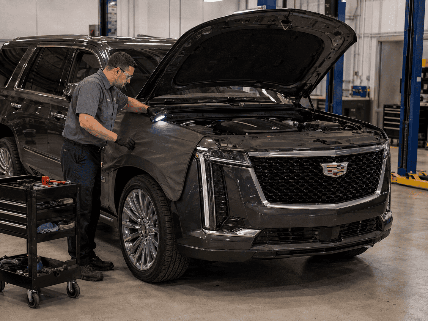 2026 Cadillac Escalade parked beside a palm-lined waterfront in the Florida Keys