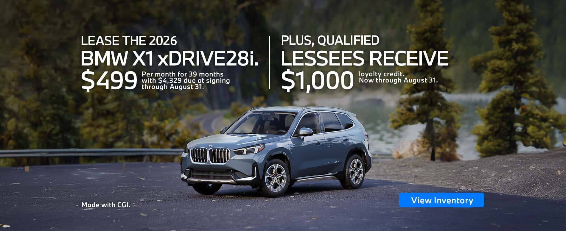 2026 BMW X1 xDrive28i lease offer. Lease for $499/month for 39 months with $4,329 due at signing. + Loyalty Credit: Up to $1,000 for qualified buyers.
