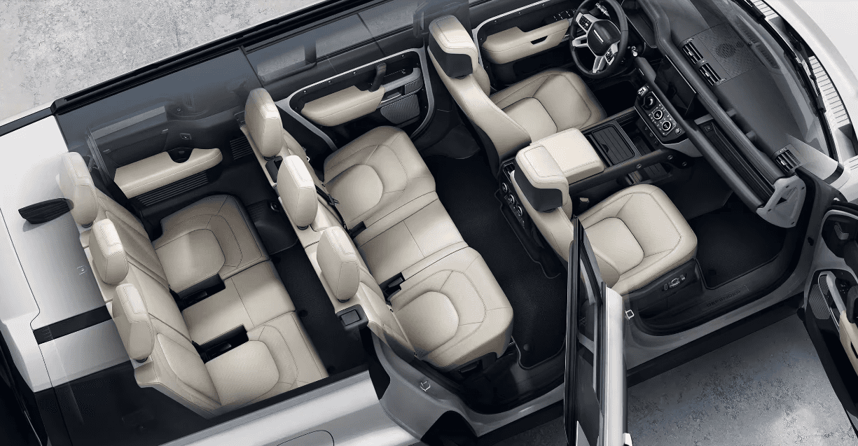 Overhead view of the Defender 130 interior with three-row seating