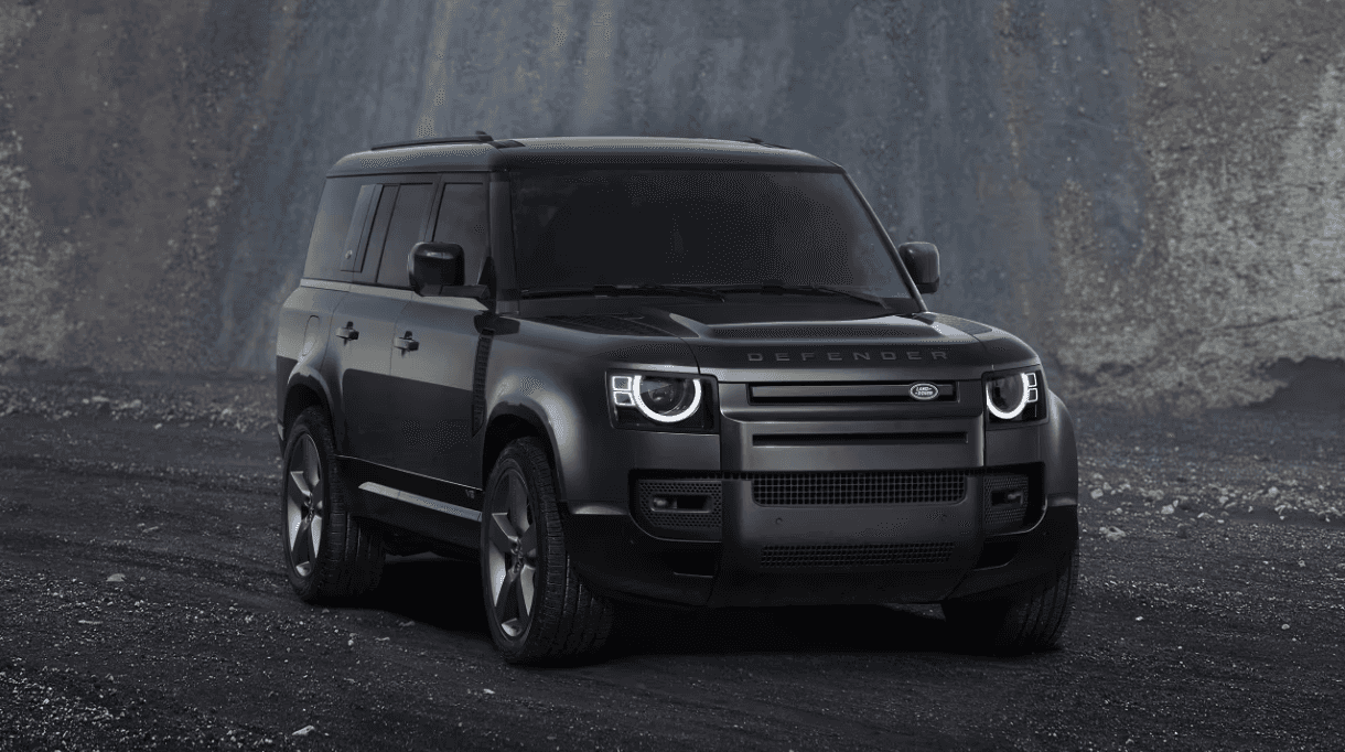 Front view of 2024 Defender 130 on a dirt road