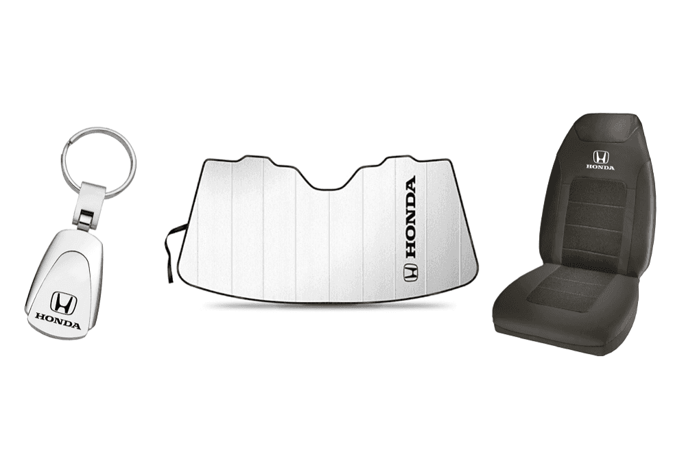 Honda accessories including keychain, sunshade, and car seat cover