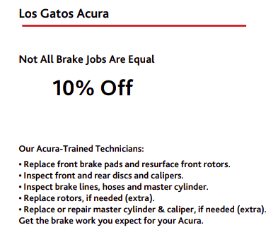 Discount on Brake Jobs Los Gatos Acura