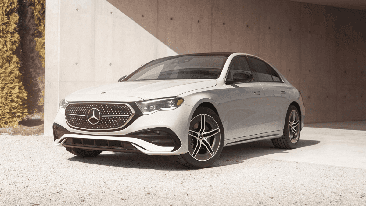 White 2026 Mercedes-Benz E-Class pulling out of garage