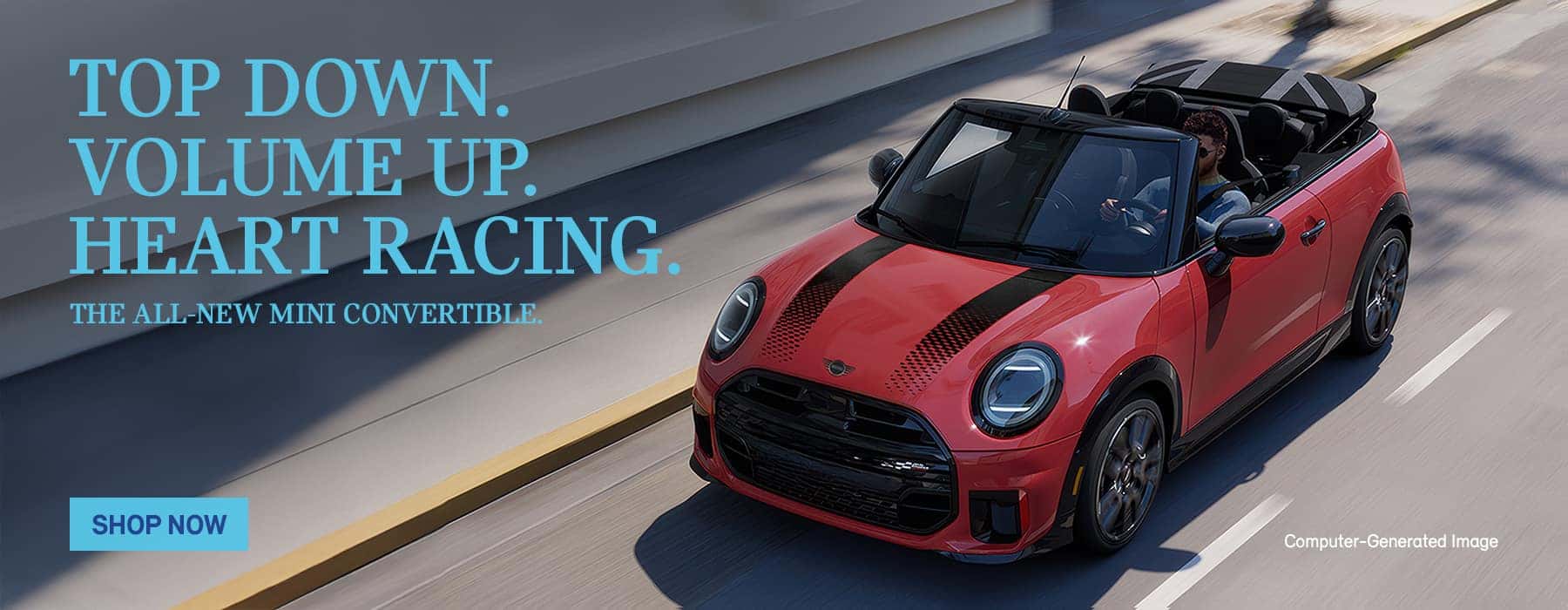 Red MINI Cooper S Convertible driving with a dropped top. 