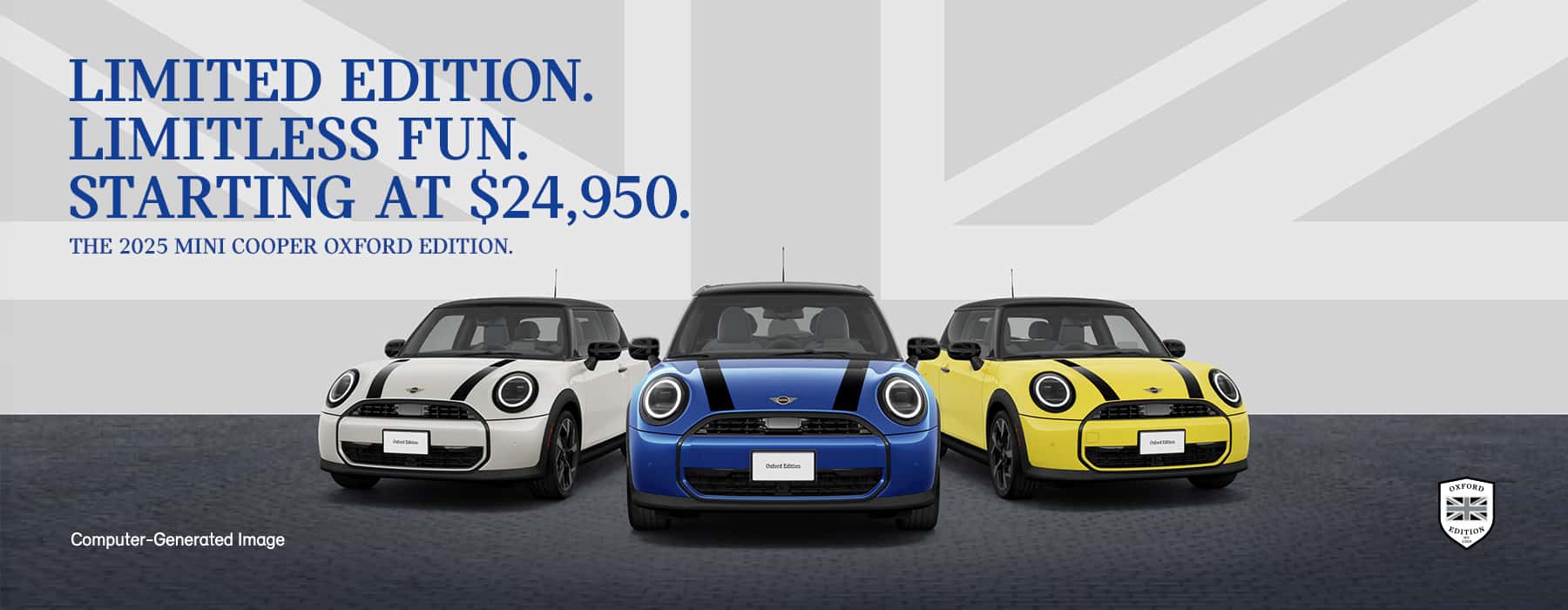 Front view of MINI fleet parked in front of grey background.