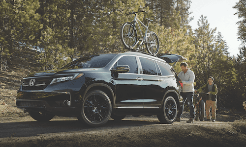 2019 Honda Odyssey in a Forest Two men going a bike ride in a forest with their Honda Odyssey