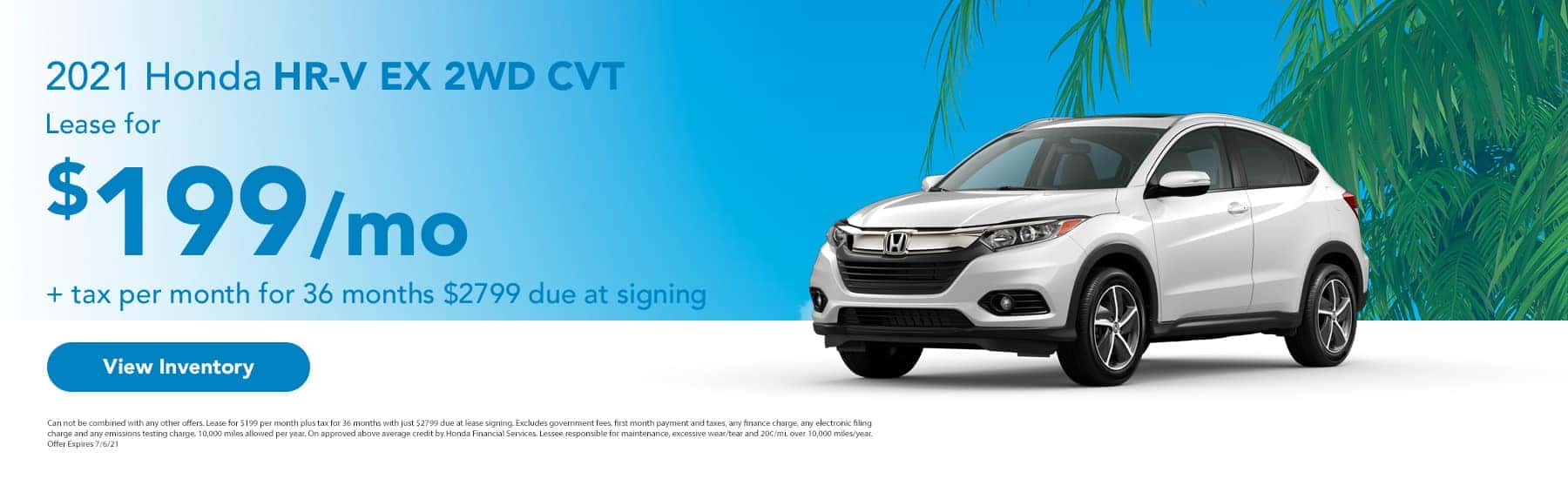 2021 Honda HR-V EX 2WD CVT Lease for $199 + tax per month for 36 month $2799 due at signing
